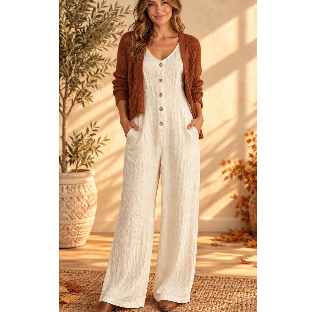 Rip Curl Womens Linen Blend Wide Leg Jumpsuit Beige Small Coastal Beach Boho